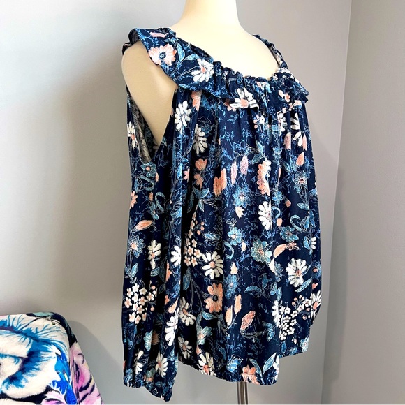 INC International Concepts 3X Blue Floral Cold Shoulder Blouse Top Ruffled Neck - Picture 3 of 13